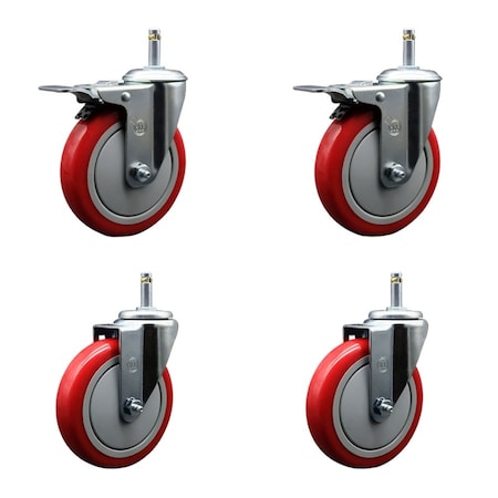 Service Caster 5'' Red Poly Wheel Swivel 7/16'' Stem Caster Set 2 Total Lock Brake, 4PK SCC-GRTTL20S514-PPUB-RED-716138-2-S2